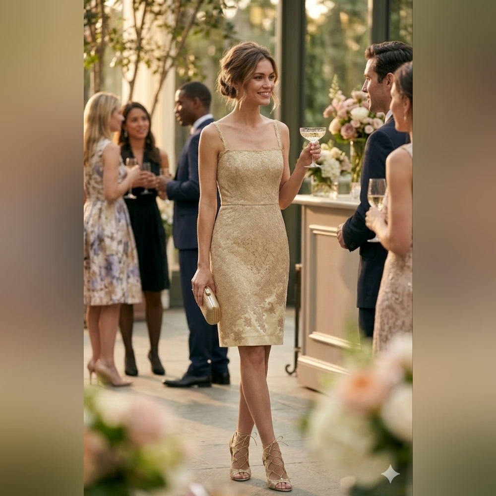 Red Valentino Size IT 42 (US 6) Gold Lace Cocktail Dress